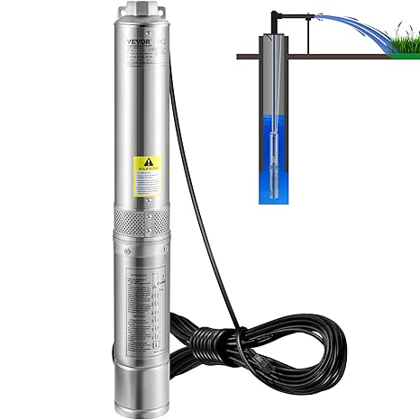 VEVOR Deep Well Submersible Pump 1/2 HP 115V/60Hz 28 GPM Flow 167 ft Head
