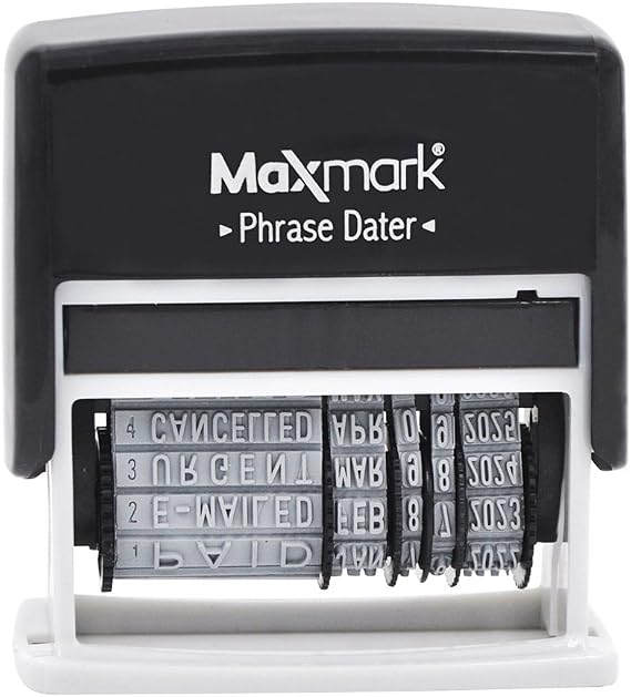 MaxMark Self-Inking 12 Phrase Message Date Stamp - Self-Inking Stock Date Stamp, Black Ink