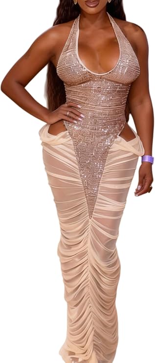 Birthday Party Dresses for Women Sexy Bodycon Sequin Halter Maxi Dress | Sparkly, V neck, sleeveless, backless, ruched mesh sheer hem, cocktail, prom, evening