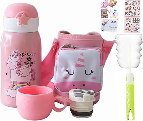 Lovely Pink Unicorn Bottle with Strap Bag Straw 2 Lid Cartoon Stainless Steel Drinkware Cup Double Wall Keep Warm Cup Gift (PINK UNICORN, 600ml)