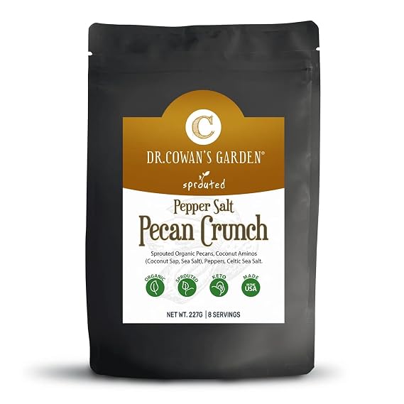 Dr. Cowans Garden Flavored Sprouted Pecans: Pepper Salt Pecan Crunch - Sprouted Nuts with Pepper Salt, Coconut Aminos, Organic Pecans, Halves & Pieces, Grown in the USA - 8oz