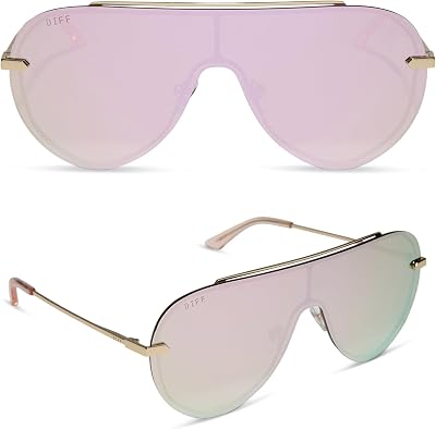 DIFF Imani Designer Oversized Shield Sunglasses for Women UV400 Protection, Gold  Cherry Blossom Mirror