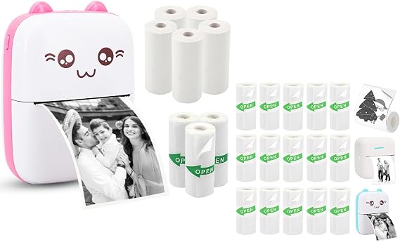 Mini Pocket Printer Set with 8 Rolls Printing Paper + 15 Rolls Thermal Sticker Paper Set, Pink