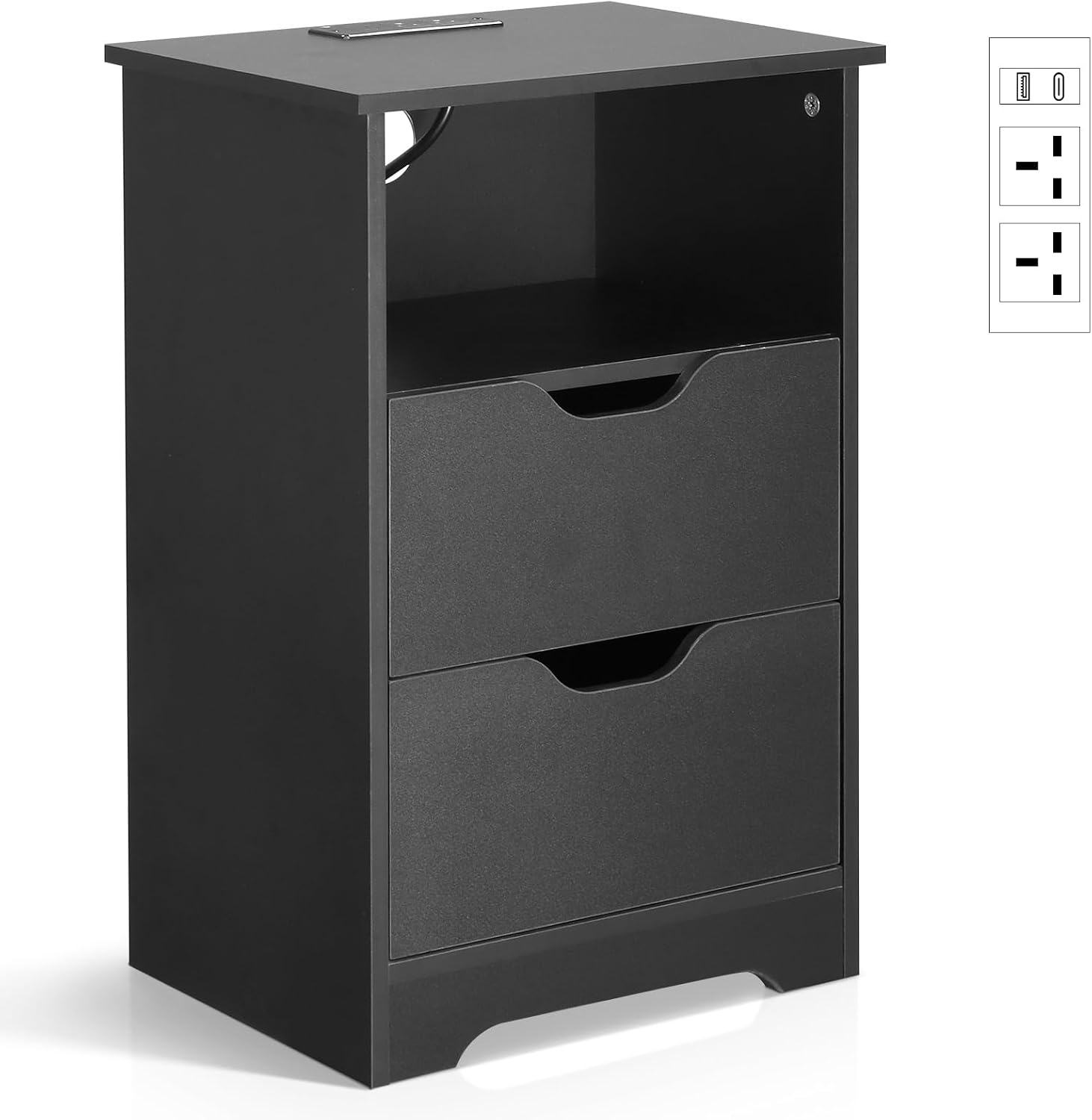 Karl home Bedside Table, Side End Table Nightstand with Power Strip, 2 Drawers, Open Storage Shelf, 2 AC Outlets, USB & Type-C Port, Night Stand for Living Room, Bedroom, Black