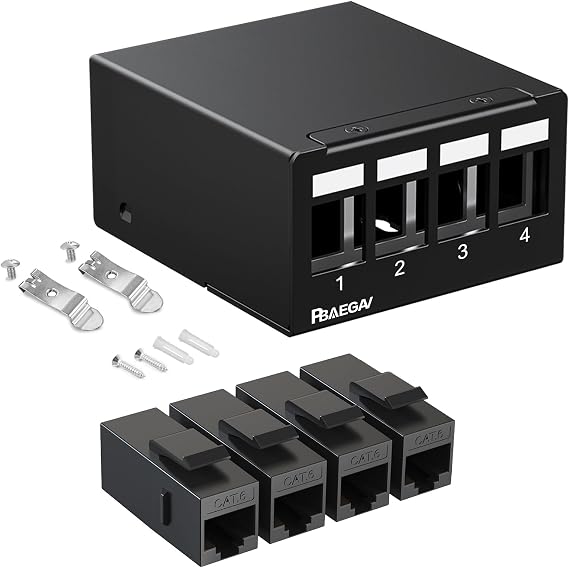 Patch Panel 4 Port with 4pcs Cat6 Keystone JackEC Listed UTP No Rust and Durable (1U 4Port Cat6 Keystone Jack Unshielded)
