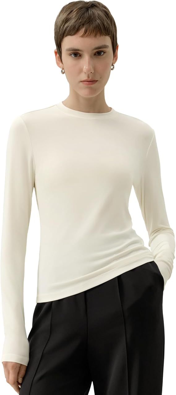 LilySilk Women Silk Breeze Jersey T-Shirt Long Sleeves Slim Fit Tee Ladies Soft and Stretch Round Neck