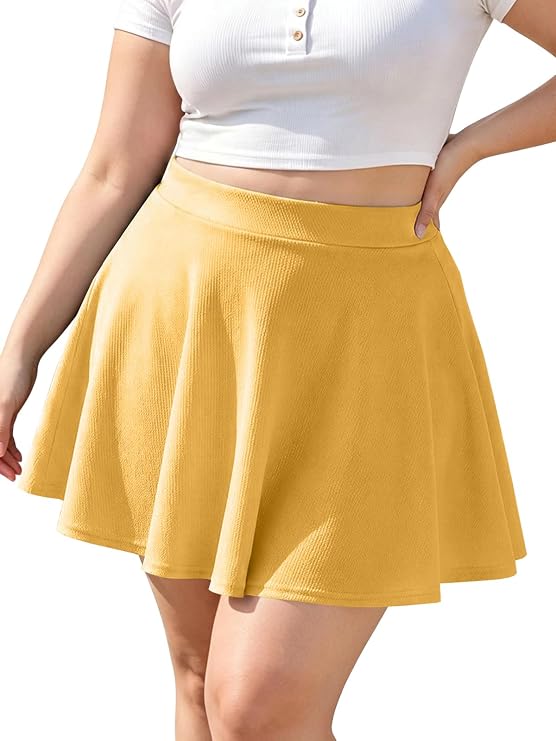 Moon Wood Women's Plus Size Skater Skirt High Waisted Stretchy Flowy Flared Summer Casual Basic Mini Skirts for Daily