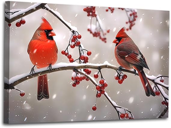 ZHOUWALLPIC Northern Cardinals Canvas Wall Art Abstract Red Birds on Branch Paintings Christmas Birds Artwork Picture Prints Home Decor(Christmas-2,12.00" x 18.00")