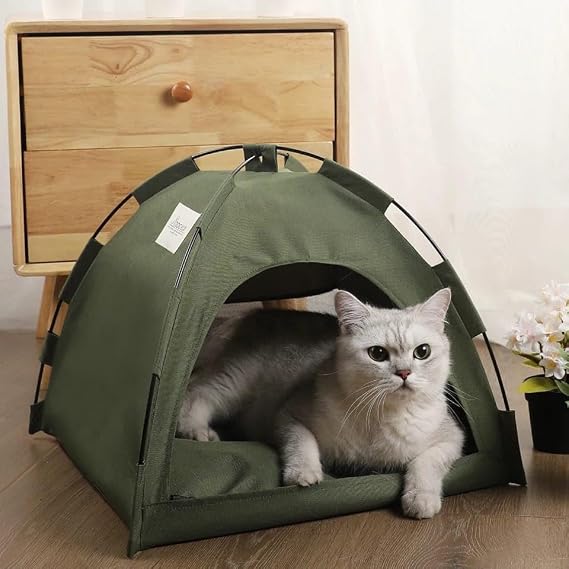 TİNEKE Kedi Kamp Çadırı Kedi Evi Derin Uyku & Serin Yazlık Evi Yumuşak Yatağı Çıkarılabilir Minder (YEŞİL, MEDİUM)