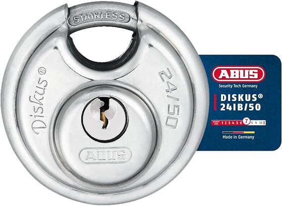 ABUS Diskus padlock 24IB/50 made of stainless steel – with 360° all-round protection – for securing against severe weather conditions – 35041 – ABUS security level 7 – silver