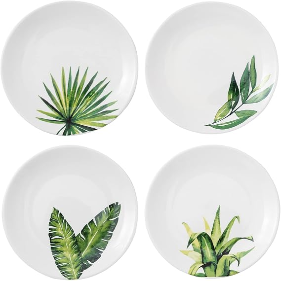 6 Inch Set of 4 Assorted Designs, Porcelain Plates With Plant Patterns, Ceramic Dessert Plates, Dishware for Sandwiches Salad Pasta,Microwave Oven Dishwasher Safe