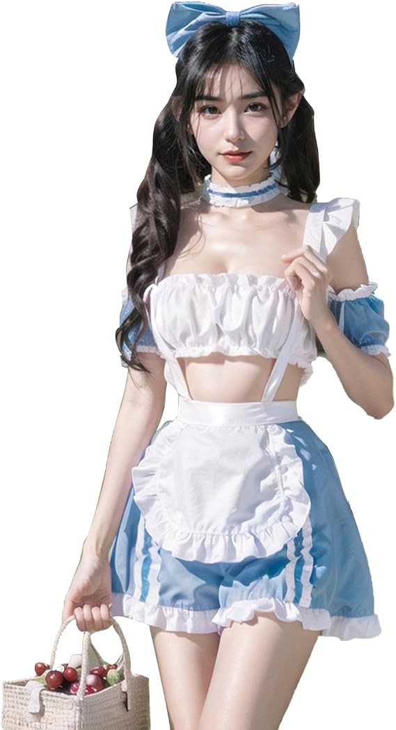 YOMORIO Anime Maid Uniform Cute Bule White Tartan Lingerie Sexy Cosplay Costume (Alice Blue)