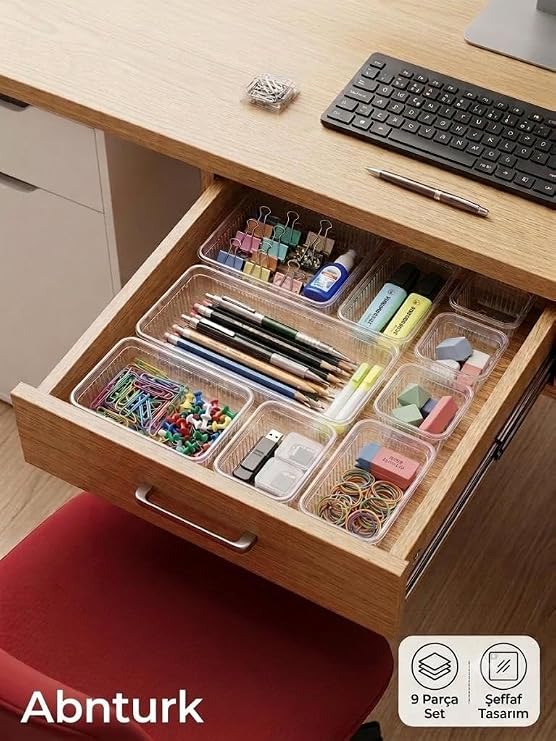 9 Parça Çekmece İçi Organizer Set Plastik Kaydırmaz Tabanlı Şeffaf Çok Amaçlı Düzenleyici