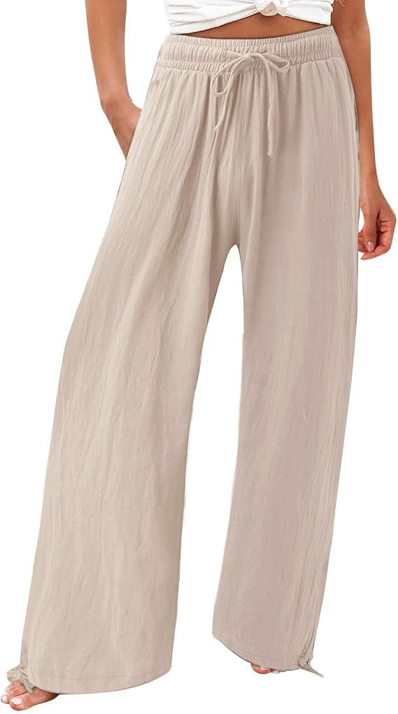 SHAOBGE Women's Summer Palazzo Pants, High Waisted Wide Leg Casual Elastic Waist Beach Pants with Pockets