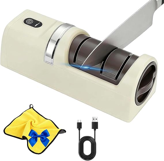 Automatic Kitchen Knife Sharpener, Cordless Electric Double Sided Knife Sharpener for Kitchen, Works with Chef, Utility & Fruit Knives (White)