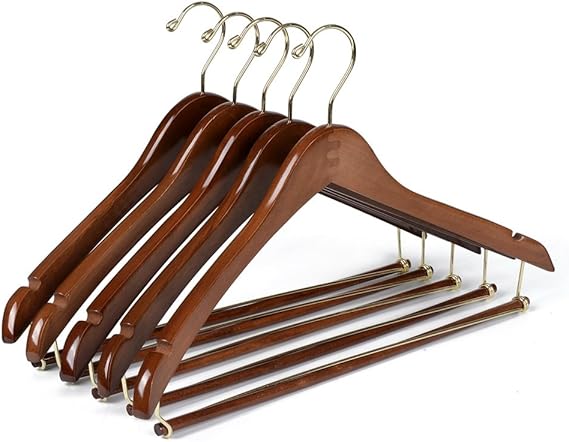 Quality Hangers Wooden Hangers Beautiful Sturdy Suit Curved Hangers Great for Travelers Heavy Duty Coat Hanger with Locking Bar Gold Hooks (5 Pack)