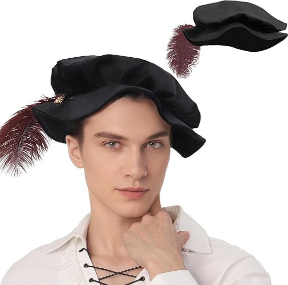 Medieval Tudor Hat with Feather Renaissance Muffin Flat Cap for Minstrel Elizabethan Mens Costume Accessories