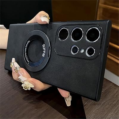 Matte Fur Leather Strong Magnetic Stand Phone Case for Samsung S24 Ultra S23 S22 S21 Plus A73 A72 A55 A54 A53 A52 A51 A32 Cover,Black,for Galaxy A24 4G