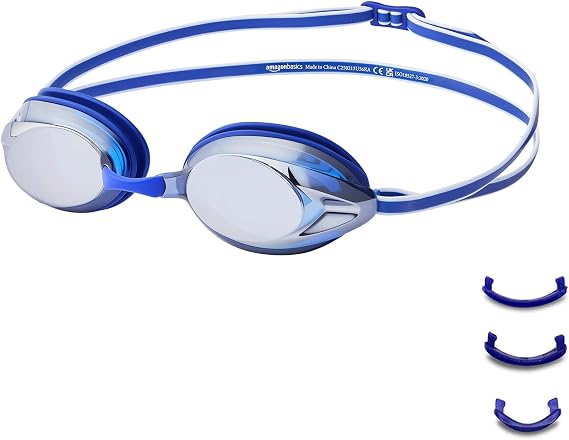 Amazon Basics Unisex Swim Goggles for Adults, Anti-Fog, Unisex, Wide View, 4 Interchangeable Nosepieces
