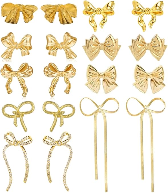 9 Pairs Gold Bow Earrings for Women Classic Ribbon Bow Stud Earrings Cute Statement Jewelry Set