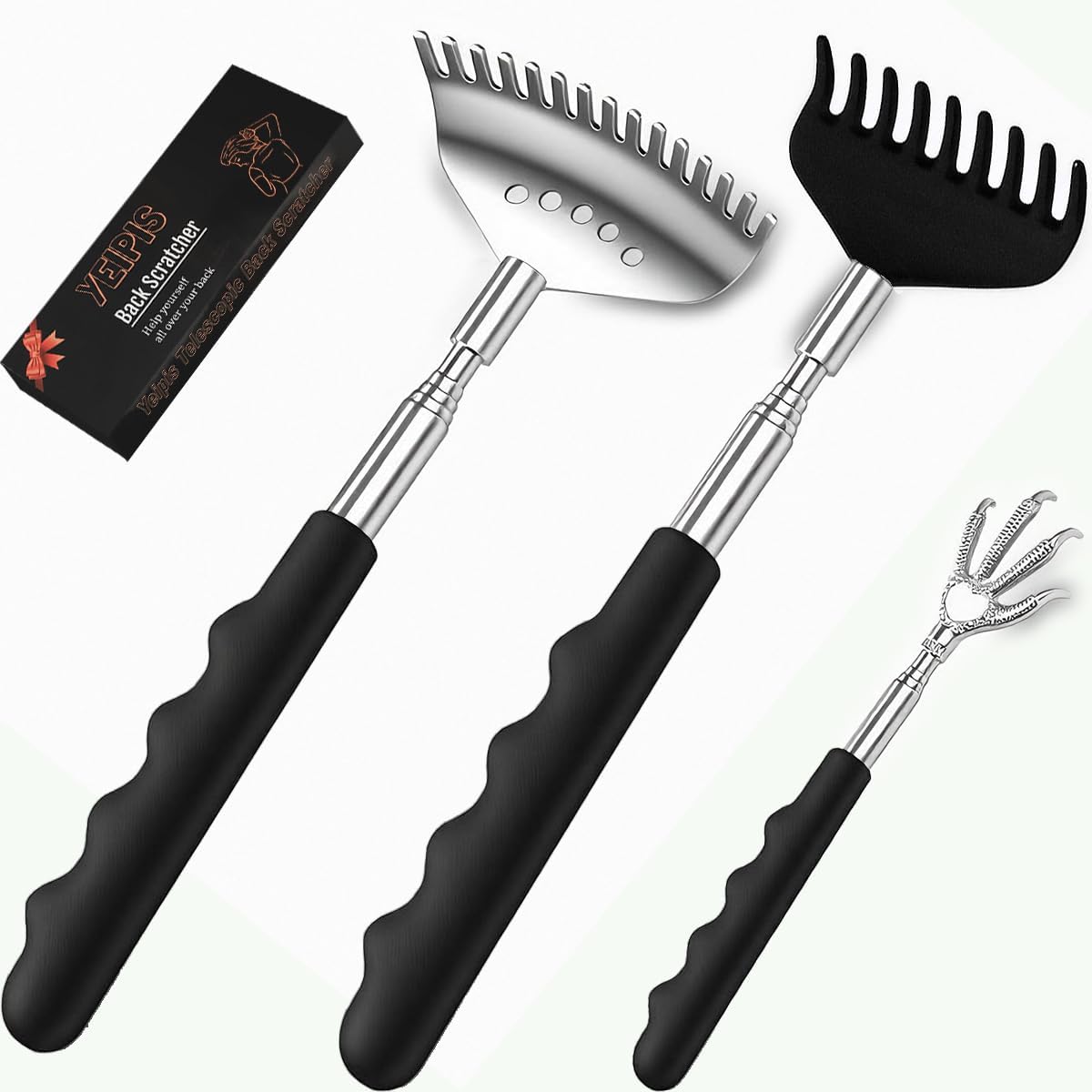 3pcs Upgraded Back Scratcher Massager, Telescoping Back Massage Stocking Stuffers for Men in a box with Eagle Claw, 9-teeth Rake Claw and 15-teeth Rake Claw, Rubber Handle, White Elephant Gifts