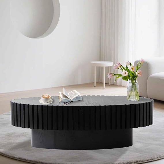Oval Fluted Coffee Table, Oval Wood Coffee Table, Modern Handcraft Fluted Drum Center Tables, End Tables for Living Room Home Office Apartment