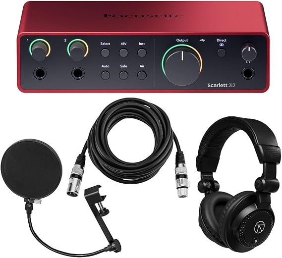 Focusrite Scarlett 2i2 4th Gen USB Interface with Software Suite, Bundle with H&A Pop Filter, Headphones, XLR M to F Cable 10'