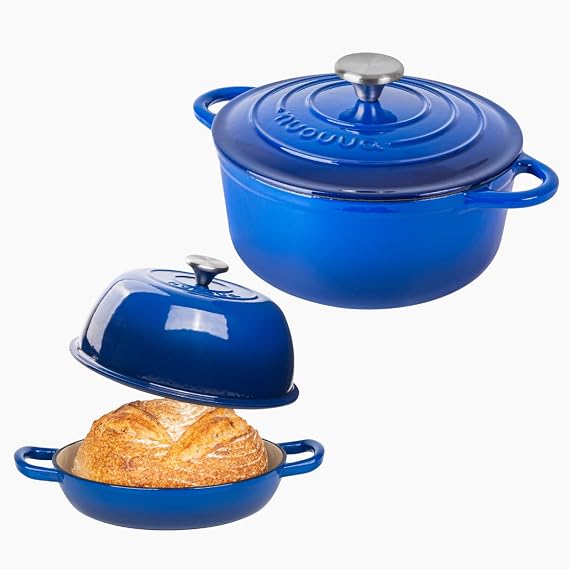 Nuovva Enamelled Cast Iron Dutch Oven Pot with Lid 6 Quart / 5 Quart Non Stick Casserole Dish Heavy Duty Bread Pot for Sourdough, Braising, Stews & Roasting Oven Safe up to 500F 26cm / 24cm