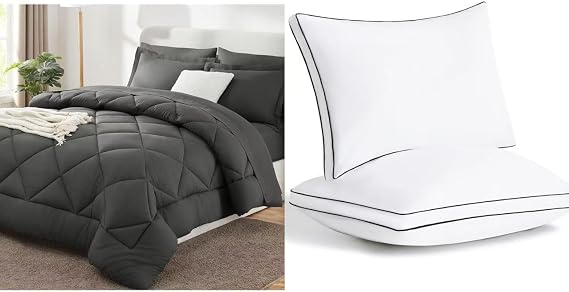 CozyLux Queen Bed in a Bag 7 Pieces Comforter Sets with Comforter and Sheets Dark Grey Bundle Pillows Queen Size Set of 2, Soft and Supportive 3D Down Alternative Bed Pillows for Sleeping 2 Pack