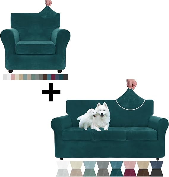 ZNSAYOTX Luxury Velvet Chair Slipcovers + Couch Cover 4 Piece Stretch Sofa Covers for 3 Cushion Couch Soft Spandex Sofa Slipcover Living Room Anti Slip Dogs Pet Furniture Protector