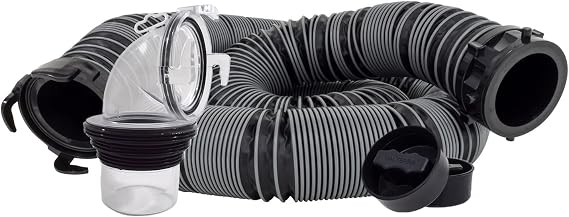 Valterra SilverbackTM 15-Foot RV Sewer Hose Kit, Universal Sewer Hose for RV Camper, Includes 15-Foot Hose with Rotating Fittings, 90 Degree ClearView Sewer Adapter and 2 Drip Caps