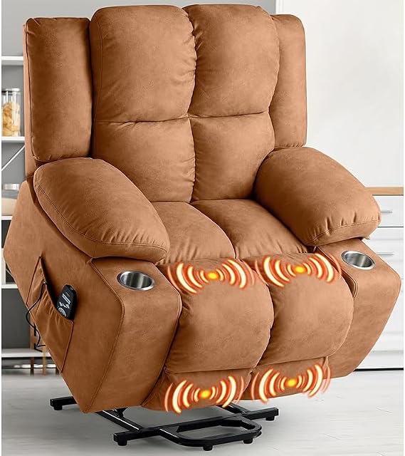 Oversized Power Lift Recliner Chair for Elderly, Power Lift Recliner Sofas with Massage and Heated, Brown Fabric Recliner Chairs with 2 Side Pockets Cup Holders