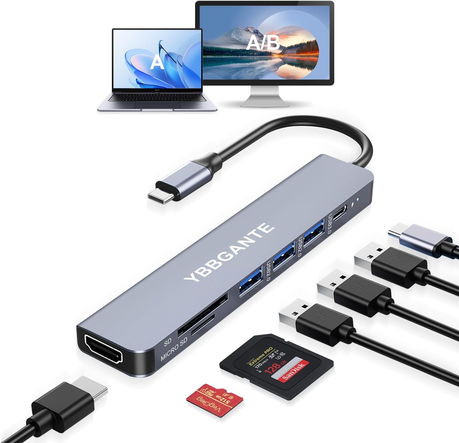 USBC Multiport Adapter USB c to USB Hub 7 in 1 Dongle Adapter USB C Hub Multiport Adapter with SD Card Reader 100W PD 4K30hz hdmi USB Hub USB C Adapter for MacBook Pro