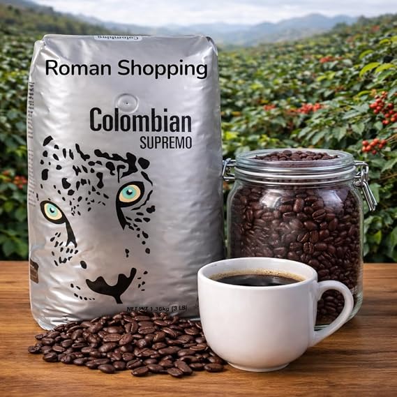 Roman Shopping Colombian Supremo Coffee 100% Arabica Whole Bean, Medium Roast, 3 lbs Bulk Bag, Kosher Certified