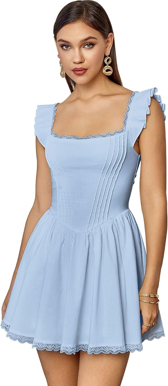GLNEGE Graduation Corset Short A Line Dress Bridal Shower Mini Dresses | Women's Lace Square Neck Ruffle Sleeve Flowy Cute Dresses Summer Trendy Vacation Outfits