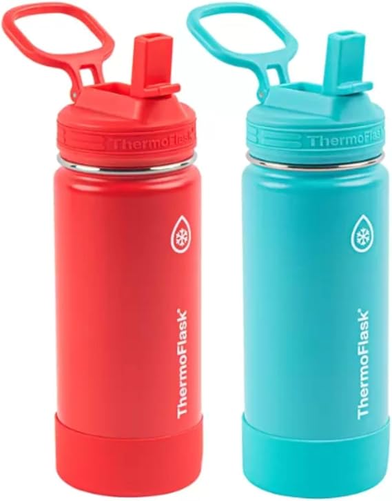 ThermoFlask 16oz Stainless Steel Water Bottle, 2-Pack, Red and Aquamarine