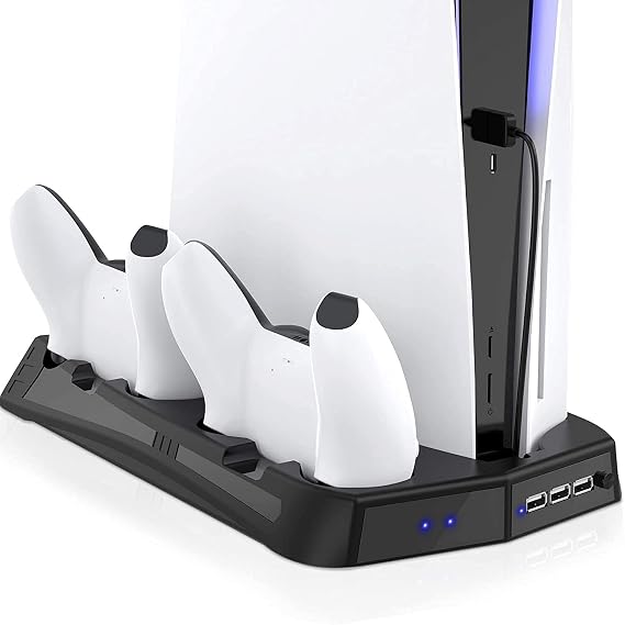 KIWISMART Cooling Station Vertical Stand Controller Charger Station, Suction Cooling Fan with Charging Dock Station, 3 Extra USB Ports Compatible with PS5 Accessories