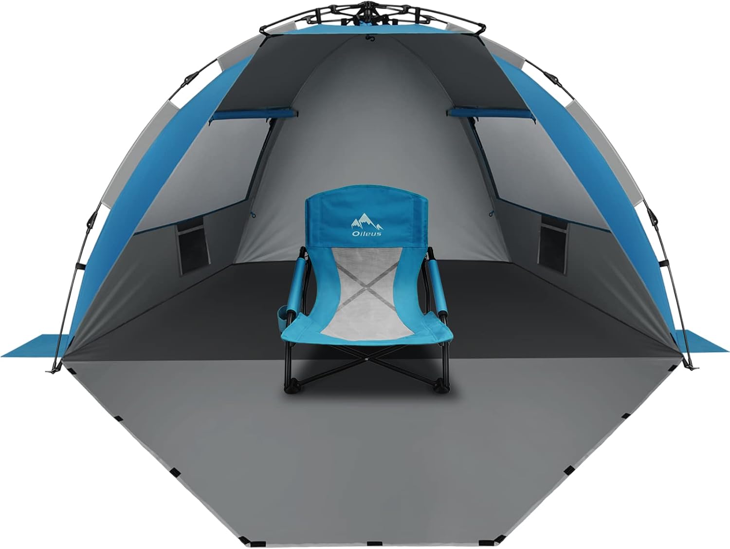 Oileus Folding Portable Beach Chair High Back 1 Pcs and X-Large 4 Person Beach Tent Sun Shelter Blue