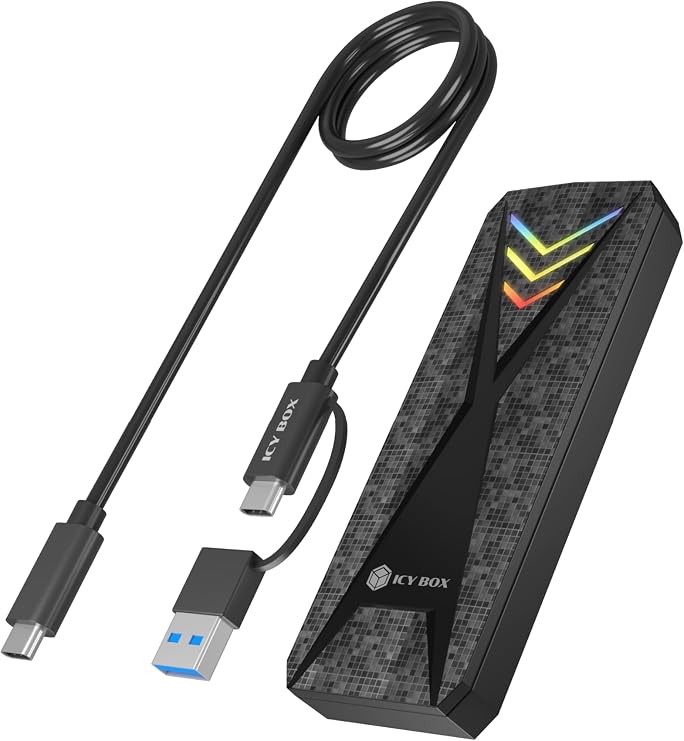 NVMe M.2 SSD Enclosure, ICY BOX RGB USB 3.2 Gen 2 (10 Gbps) Enclosure, Trim, UASP, RGB LED, Compatible with 2230/2242/2260/2280 NVMe SSDss Plug & Play