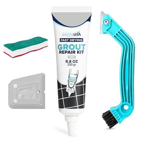 Grout - (Bundle Set) Ready Mixed Grout Reviver with Sponge, Scraper + Rake | Ideal for Bathroom, Kitchen, Shower - 250g (Light Grey)