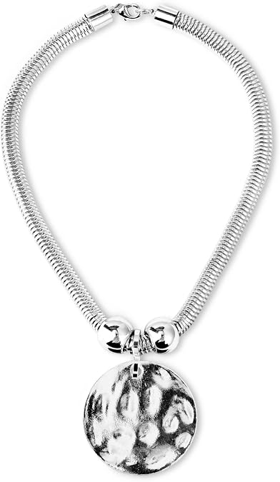 Silver Hammered Metal Statement Necklace Set with Lobster Clasp Closure, Disc Coin Circle Chunky Necklaces for Women Summer Necklace New Unique Trendy Jewelry