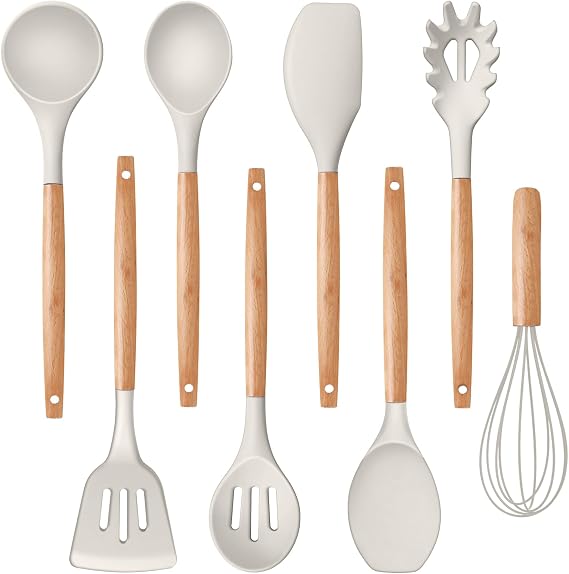 P&P CHEF Silicone Kitchen Cooking Utensils Set with Wooden Handle, Khaki