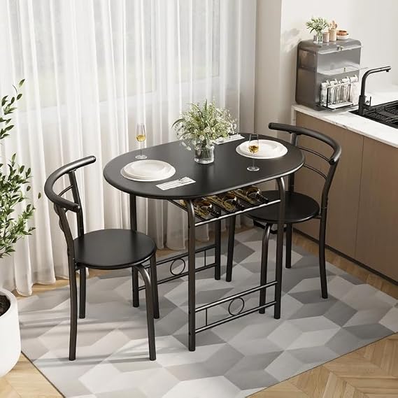 Shahoo 3-Piece Dining Table Set for 2, Kitchen Breakfast Nook Set, Black | 2 Chairs & Round Tabletop, Space Saving Wooden Furniture Metal Frame and Built-in Wine Rack