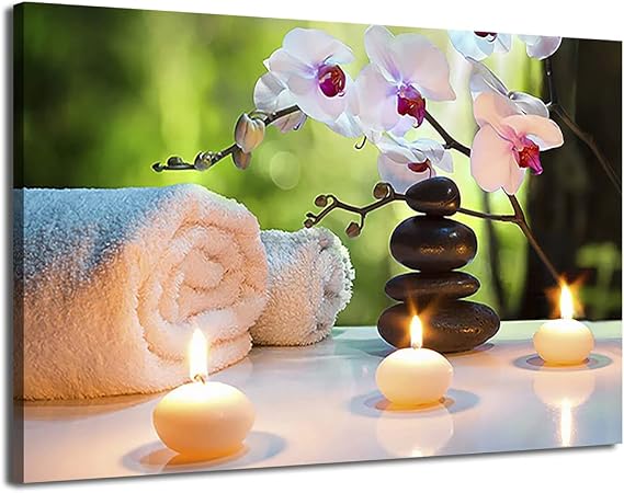 Canvas Print Wall Art Massage Stones, Candles & Orchid Flowers Floral Botanical Photography Realism Wall Decor for Living Room, Bedroom, Office