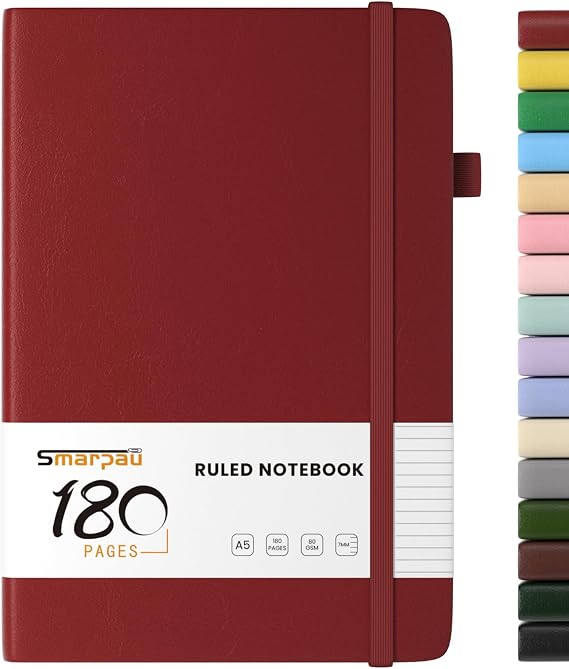 Smarpau A5 Lined Journal Notebook, 180 Pages Hardcover Notebook No Bleed, Thick Journal for Women Men Writing, Hardback Notepad for Office School Travel Supplies, Red
