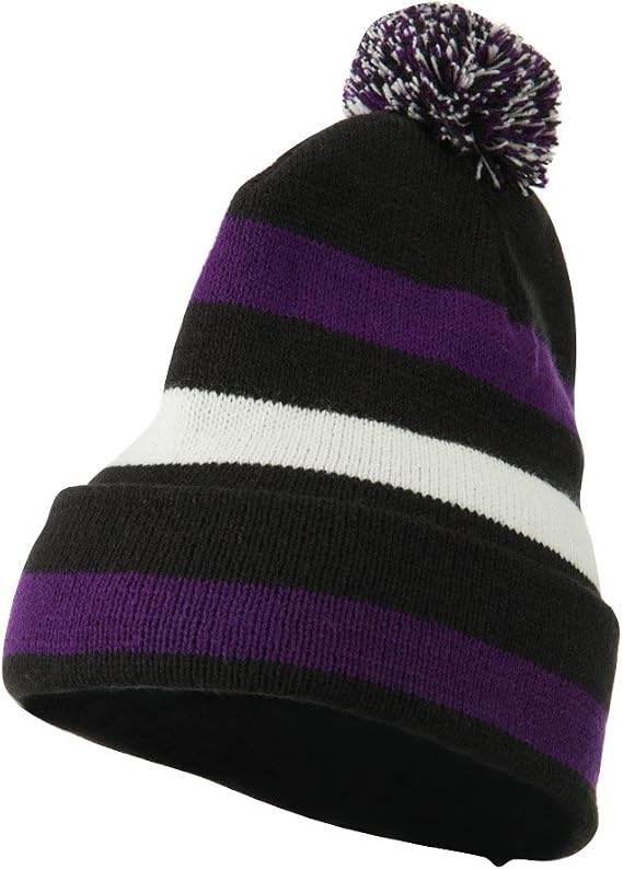 Artex Pom Pom Cuff Stripe Long Beanie - Black