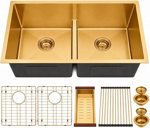 32 inch Double Bowl Kitchen Sink,Gold Undermount Kitchen Sink 32 X 18 inch,16 Gauge Stainless Steel Undermount Sinks,Special Low-Divide Design