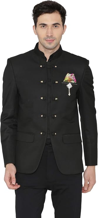 WINTAGE Men's Polyester Cotton Casual and Festive Indian Jodhpuri Grandad Bandhgala Blazer : Black