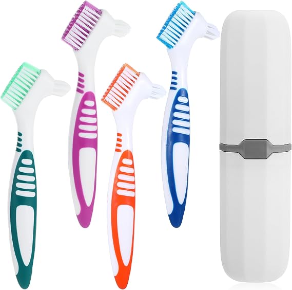 4 Pcs Denture Toothbrush Portable Denture Brushes | for Cleaning False Teeth, Dual Angled Retainer Brush, with White Carrying Case, Multi-Layered Soft Bristles, Purple, Green