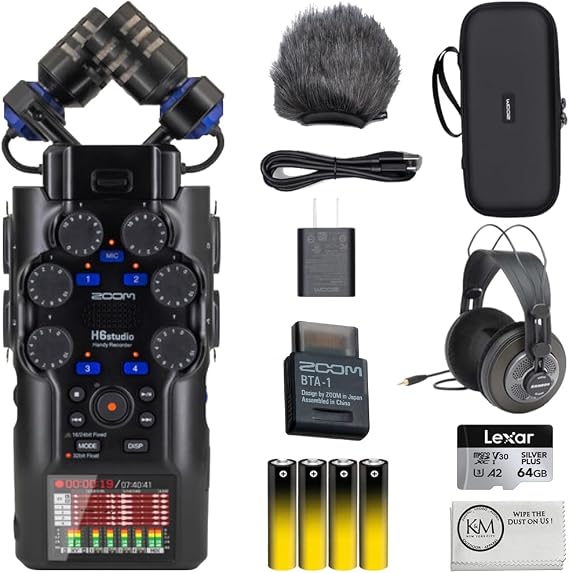 Zoom H6studio 6-Track Handy Recorder with 32-Bit Float Recording Bundle with APH-6s Accessory Pack + BTA-1 Bluetooth Adapter + Headphones + 64GB Memory Card + 4 Pack AA Batteries + Cloth (6 Items)